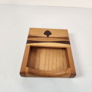 Wooden Inlaid Handmade Artisan Napkin Notecard Paper Holder Stamped Vintage